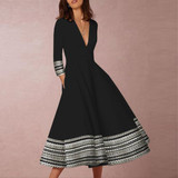 Deep V-Neck Patchwork Geometric Printed Long Sleeve Skater Dress