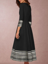 Deep V-Neck Patchwork Geometric Printed Long Sleeve Skater Dress