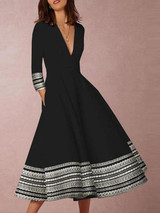 Deep V-Neck Patchwork Geometric Printed Long Sleeve Skater Dress