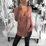 Casual Pure Colour Flap Pocket Deep V Neck Midi T-Shirt