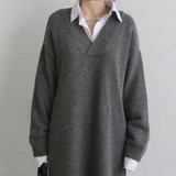 Fashion Simple Loose Long Sleeves Knitted Sweater Shown Thin Maxi Dress