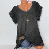 Round Neck  Loose Fitting Patchwork  Plain Blouses