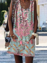Crew Neck Casual Floral-Print Sleeveless Summer Shift Dresses
