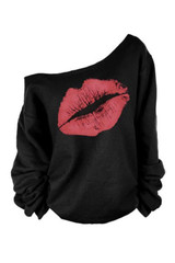 One Shoulder Round Neck Lips Printed T-Shirts