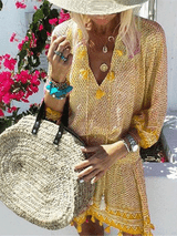2019 V Collar  Defined Waist Loose Vacation Dress