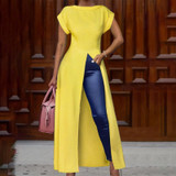 Fashion Round Neck Short Sleeve High Slit Zipper Solid Color Sexy Blouse