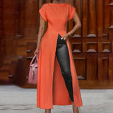 Fashion Round Neck Short Sleeve High Slit Zipper Solid Color Sexy Blouse