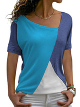 Asymmetric Neck  Patchwork  Color Block Short Sleeve T-Shirts