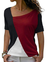Asymmetric Neck  Patchwork  Color Block Short Sleeve T-Shirts