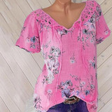 Round Neck Patchwork  Lace Printed Blouses