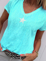Star Printed V Neck Short Sleeve Casual T-Shirts