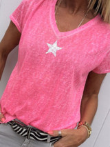 Star Printed V Neck Short Sleeve Casual T-Shirts