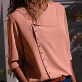 Button Irregular Diagonal Collar Long Sleeve Blouses