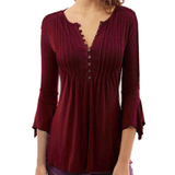 Round Neck  Ruched Single Breasted  Patchwork Plain  Bell Sleeve Blouses