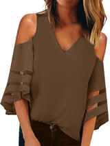 V-Neck Strapless Shoulder Patchwork T-Shirt