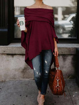 Off Shoulder  Asymmetric Hem  Plain T-Shirts