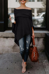 Off Shoulder  Asymmetric Hem  Plain T-Shirts