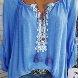 Autumn Spring Summer  Polyester  Women  V-Neck  Decorative Lace  Plain  Long Sleeve Blouses