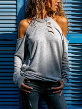 Open Shoulder  Broken Holes  Plain T-Shirts