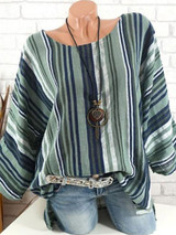 Round Neck  Loose Fitting  Stripes Blouses