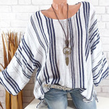 Round Neck  Loose Fitting  Stripes Blouses