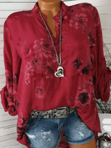 Cotton V-Neck Button Floral Printed Blouses