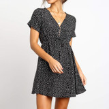 Fashion V-Neck Short-Sleeved Dot   Chiffon Mini Dress