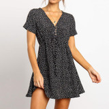 Fashion V-Neck Short-Sleeved Dot   Chiffon Mini Dress