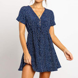 Fashion V-Neck Short-Sleeved Dot   Chiffon Mini Dress