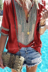 V Neck Embroidered Patchwork Printed T-Shirts
