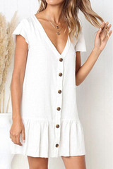 V Neck  Single Breasted  Plain  Short Sleeve Mini Casual Dresses