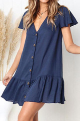 V Neck  Single Breasted  Plain  Short Sleeve Mini Casual Dresses