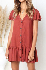 V Neck  Single Breasted  Plain  Short Sleeve Mini Casual Dresses