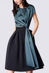 Fashion Round Collar Belt Plain Shirt Short Sleeve Skirt Skater Dress Suit