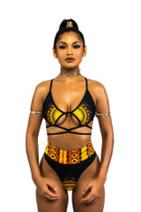 African Print Two-Pieces Geometric Golden High Waist Swimming Suit