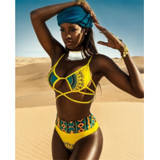 African Print Two-Pieces Geometric Golden High Waist Swimming Suit