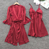 Sexy Lace Silk Women Robe & Gown Sets 2 Pieces Sleep Set Summer Satin Kimono Lingerie Nightwear Female Sleepwear Robe Suit