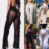 Ruffle Beach Pants Swimwear Cover up Sheer High Waist Mesh Beach Pants