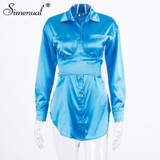 Simenual Sexy Hot Clubwear Women Satin Dress Fashion Deep V Neck Bodycon Party Dresses 2019 Autumn Long Sleeve Silk Mini Dress
