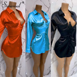 Simenual Sexy Hot Clubwear Women Satin Dress Fashion Deep V Neck Bodycon Party Dresses 2019 Autumn Long Sleeve Silk Mini Dress