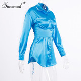 Simenual Sexy Hot Clubwear Women Satin Dress Fashion Deep V Neck Bodycon Party Dresses 2019 Autumn Long Sleeve Silk Mini Dress