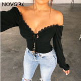 Novgirl Sexy Off Shoulder Lace Up T Shirts Women 2019 Autumn V Neck Long Lantern Sleeve Lace Crop Tops Casual Streetwear T-Shirt