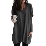 V-neck Loose Solid Color Long Sleeve Pocket Tops V-neck Loose Solid Color Long Sleeve Pocket Tops