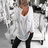 Women Deep V-Neck Long Sleeve Tee With Pocket