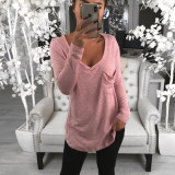 Women Deep V-Neck Long Sleeve Tee With Pocket