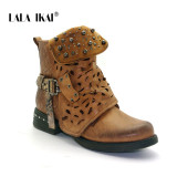 Rhinestone Rivet Buckle Lace-up Ankle Boots