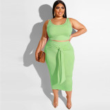 Plus Size Spaghetti Strap Crop Top And Bodycon Belt Skirts