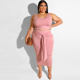 Plus Size Spaghetti Strap Crop Top And Bodycon Belt Skirts