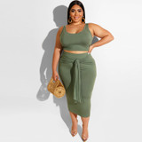 Plus Size Spaghetti Strap Crop Top And Bodycon Belt Skirts