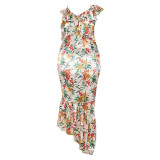 Flower Print Plus Size Asymmetrical Hem Maxi Dress